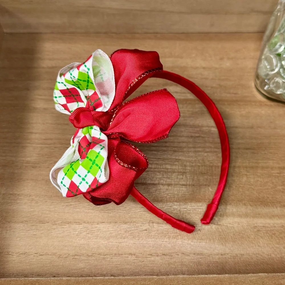 Girls Red & Green‎ Argyle Christmas Bow Headband | Layered Bow Headband